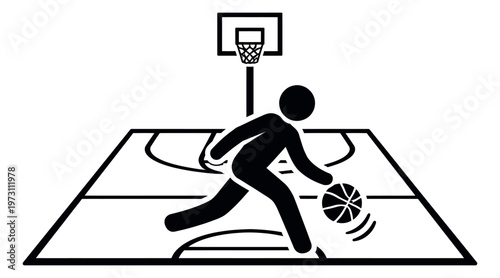 Line art illustration of a basketball player depicting dribbling a ball on a court for sports and recreation