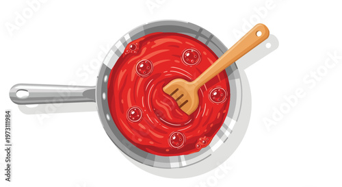 Vibrant tomato sauce simmering and bubbling in a sleek metal pan with a wooden spoon, ready for culinary creation