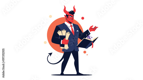Stylized illustration of a red devil character in a business suit holding a scroll and a book against a circular orange background.