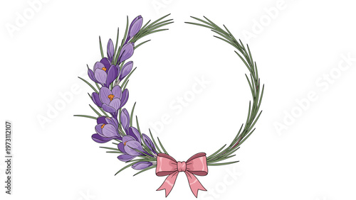 Elegant floral wreath of purple crocus flowers and green leaves tied with a delicate pink ribbon bow on a clean white background.