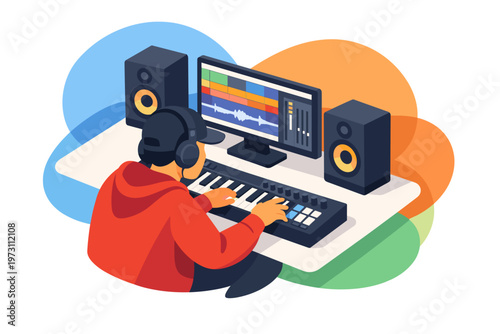 Music producer working at home studio desk with MIDI keyboard