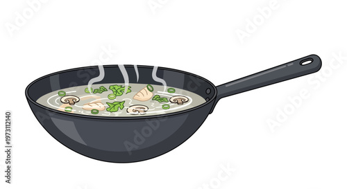 Steaming aromatic broth prepared in a wok with mushrooms, greens, and dumplings, ready to be savored for a delicious meal