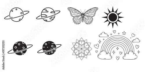 Whimsical space and nature sketch collection with planets butterfly and rainbow