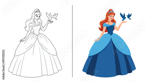 Dual view of a princess coloring page holding birds next to the same illustration fully colored in vibrant shades of blue and orange.