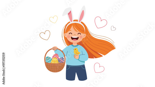Happy young girl wearing white bunny ears holding a wicker basket filled with colorful Easter eggs and a small yellow chick.