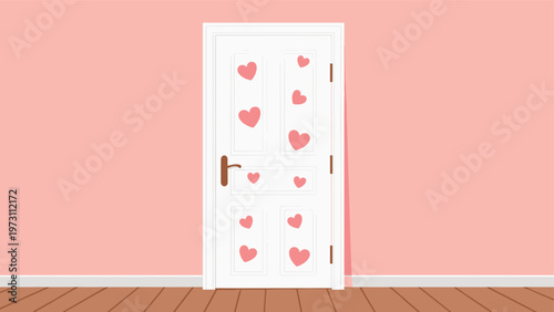 Simple white wooden door set in a soft pink room decorated with various sizes of floating pink heart stickers on its surface.