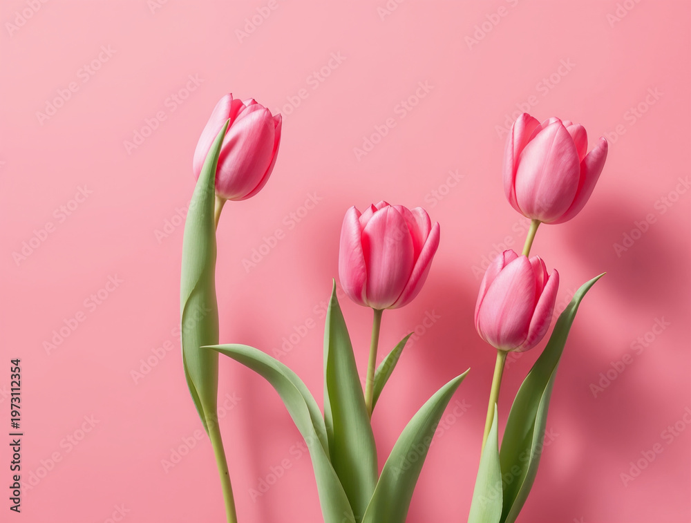 Obraz premium Vibrant pink tulips with green stems on a cheerful pink background. Fresh spring flowers arranged beautifully, perfect for Mother's Day, Easter, or floral designs.
