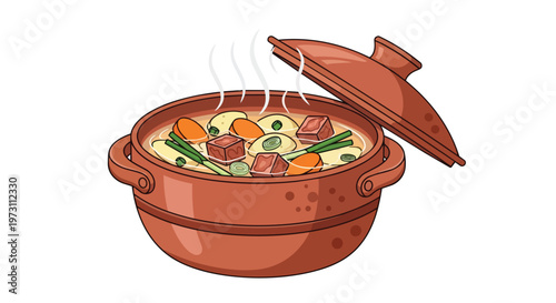 Hearty and Wholesome Stew Simmering in a Rustic Clay Pot with Fresh Vegetables and Cubed Meat Evoking Warmth and Comfort