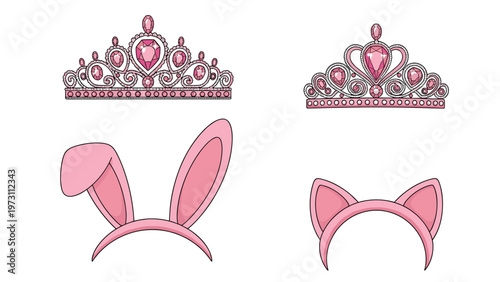 Set of four girl hair accessories including two pink jeweled tiaras, a pair of bunny ears, and a pair of cat ears on headbands.