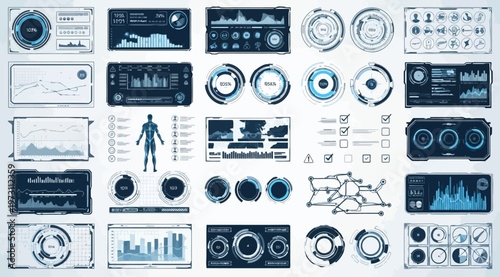 Futuristic hud interface elements, digital data visualization, scifi dashboard panels and infographic charts