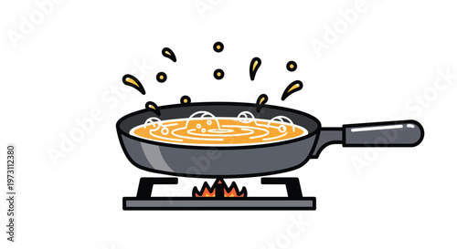Whimsical cartoon illustration of a frying pan bubbling with liquid on a stovetop with visible flames and splashes