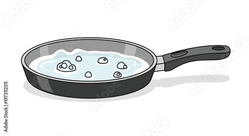 A simple line drawing depicts a frying pan with water gently boiling and forming small bubbles inside, ready for culinary preparation.