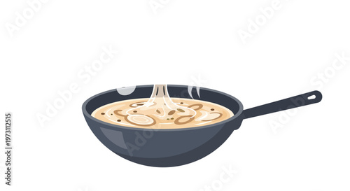 Steaming hot soup with creamy broth and sliced ingredients in a dark wok over a white background, cooking process visualized