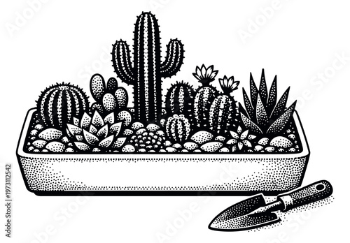 Hand drawn line art desert garden set featuring a variety of cacti and succulents in a rectangular planter with a small shovel for home gardening