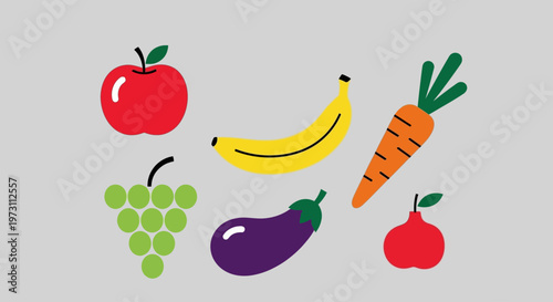Colorful illustrations of fresh fruits and vegetables on gray background