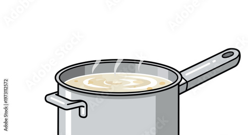 Illustration of a pot of warm, simmering soup with gentle steam rising above the surface against a white background