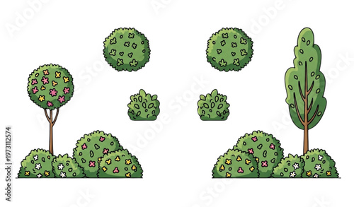 Backyard garden illustration with decorative shrubs, topiary bushes, and leafy trees vector set