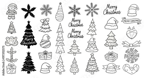 Christmas trees and decorations arranged in a festive holiday illustration