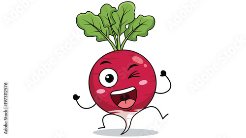 Playful radish character with green leaves winking and jumping happily on a clean white background for healthy food themes.