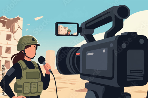 Field reporter in protective gear with microphone and video camera in conflict zone, stylized vector illustration.