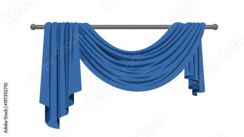 Elegant blue fabric curtains draped over a grey curtain rod showing soft folds and shadows on a white background.