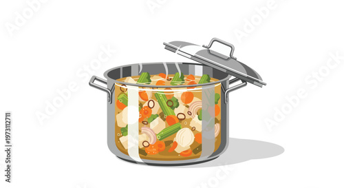 A wholesome pot of simmering vegetable stew, brimming with colorful ingredients, hinting at warmth and nourishment.