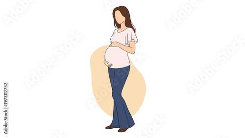 Minimalist vector illustration of a pregnant woman in profile wearing a pink blouse and blue bell bottom jeans.