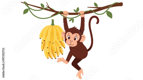 Cheerful brown monkey swinging from a leafy branch while holding a large heavy bunch of yellow bananas in the air.