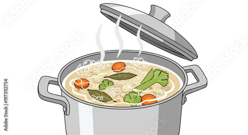 A pot of hearty soup with carrots, celery, and bay leaves simmers gently, releasing aromatic steam upwards.