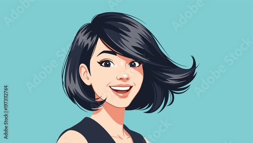 Portrait of a happy young woman with short black hair blowing in the breeze against a solid bright blue background.