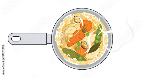 A top-down view of a cooking pot filled with bubbling broth and fresh vegetables, including carrots, peas, and bay leaves, indicating a healthy and