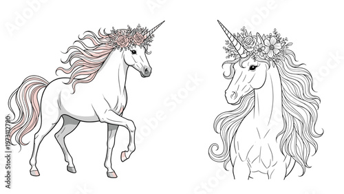 Two elegant unicorn illustrations featuring beautiful long manes and delicate flower crowns in a soft artistic style.
