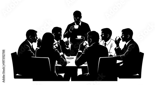 A group of businesspeople are sitting around a table with laptops