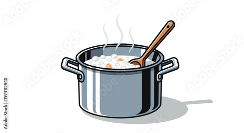 A steaming pot of bubbling stew with a wooden spoon, perfect for illustrating culinary preparation and hearty meals