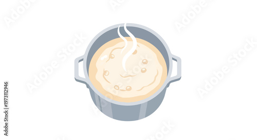 Illustrative representation of creamy porridge or soup simmering in a pot with gentle steam rising, evoking warmth and comfort.