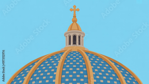Vibrant blue and gold domed church building with cross topper against clear sky