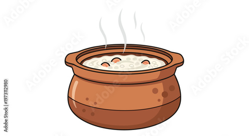 Whimsical Clay Pot Bubbling with Deliciously Steaming Porridge and Subtle Hints of Fruit or Meat Chunks