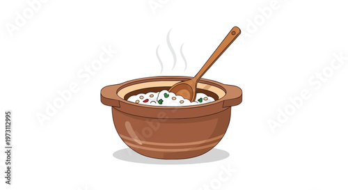 Steaming bowl of hearty porridge with a wooden spoon a comforting and nutritious breakfast or meal option for a healthy lifestyle