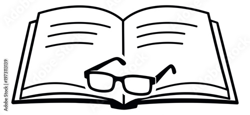 Hand drawn line art illustration of an open book and reading glasses depicting study for education