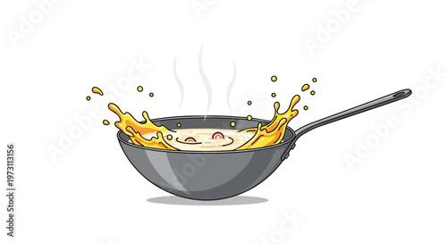 Dynamic illustration of liquid splashing vigorously from a wok, creating energetic motion and culinary excitement.