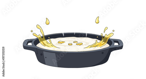Dynamic culinary illustration capturing the vigorous bubbling and splashing of a creamy soup or sauce in a modern cooking pot, white background.
