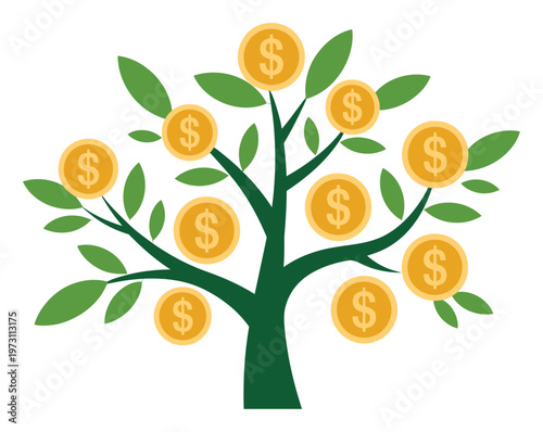 Money Tree Vector Illustration with Dollar Coins