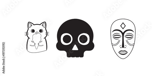 Three symbolic black and white illustrations cat skull and tribal masks