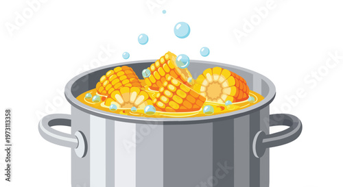 Summertime delight boiling corn on the cob in a pot with gentle bubbles rising, a visually appealing culinary preparation.