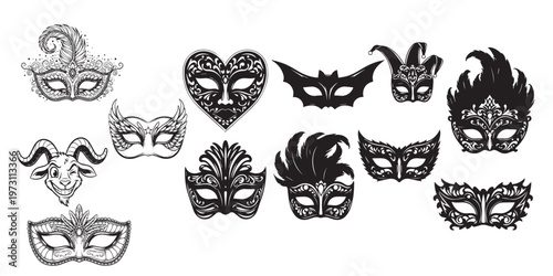 Collection of intricate black and white masks for carnival masquerade or halloween
