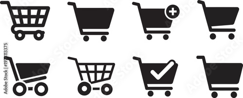 Collection of black shopping cart icons with variations representing online commerce and retail purchases