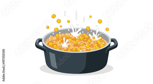 Whimsical Culinary Creation: Vibrant Yellow Spheres Bubbling Merrily in a Deep Cooking Pot