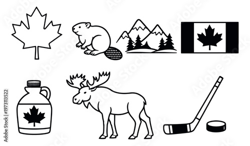Line art Canadian symbols icon set featuring maple leaf, beaver, flag, moose, and hockey items for national identity and culture