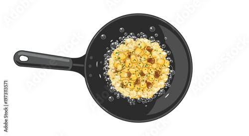 Delicious corn kernels sizzling in a black frying pan with bubbling oil and freshly chopped herbs, a top-down view.