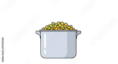 A stylized illustration of a silver pot filled to the brim with a colorful mixture of yellow corn kernels and green herbs, presented on a pure white